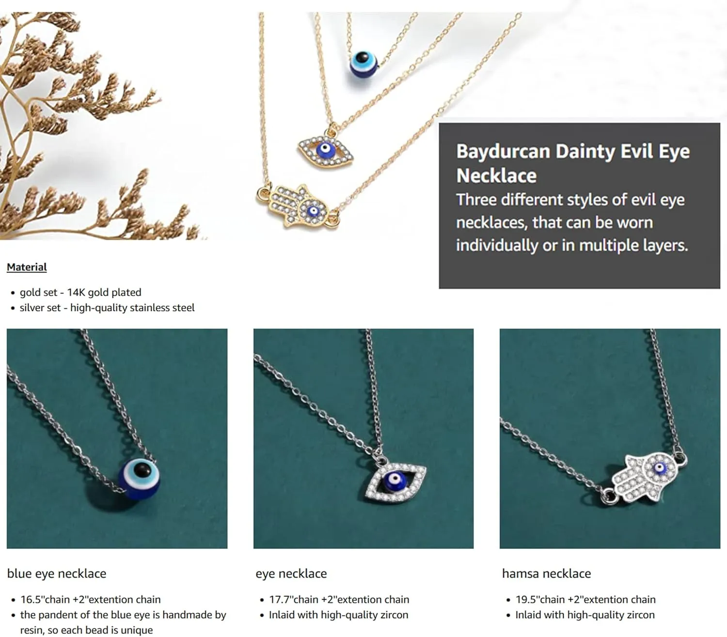 Baydurcan Dainty Evil Eye Necklace and Hamsa Necklace Turkish Blue Eye Hand Pendant Necklace 3pcs Lucky Protection Jewelry Gift for Women
