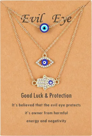 Baydurcan Dainty Evil Eye Necklace and Hamsa Necklace Turkish Blue Eye Hand Pendant Necklace 3pcs Lucky Protection Jewelry Gift for Women