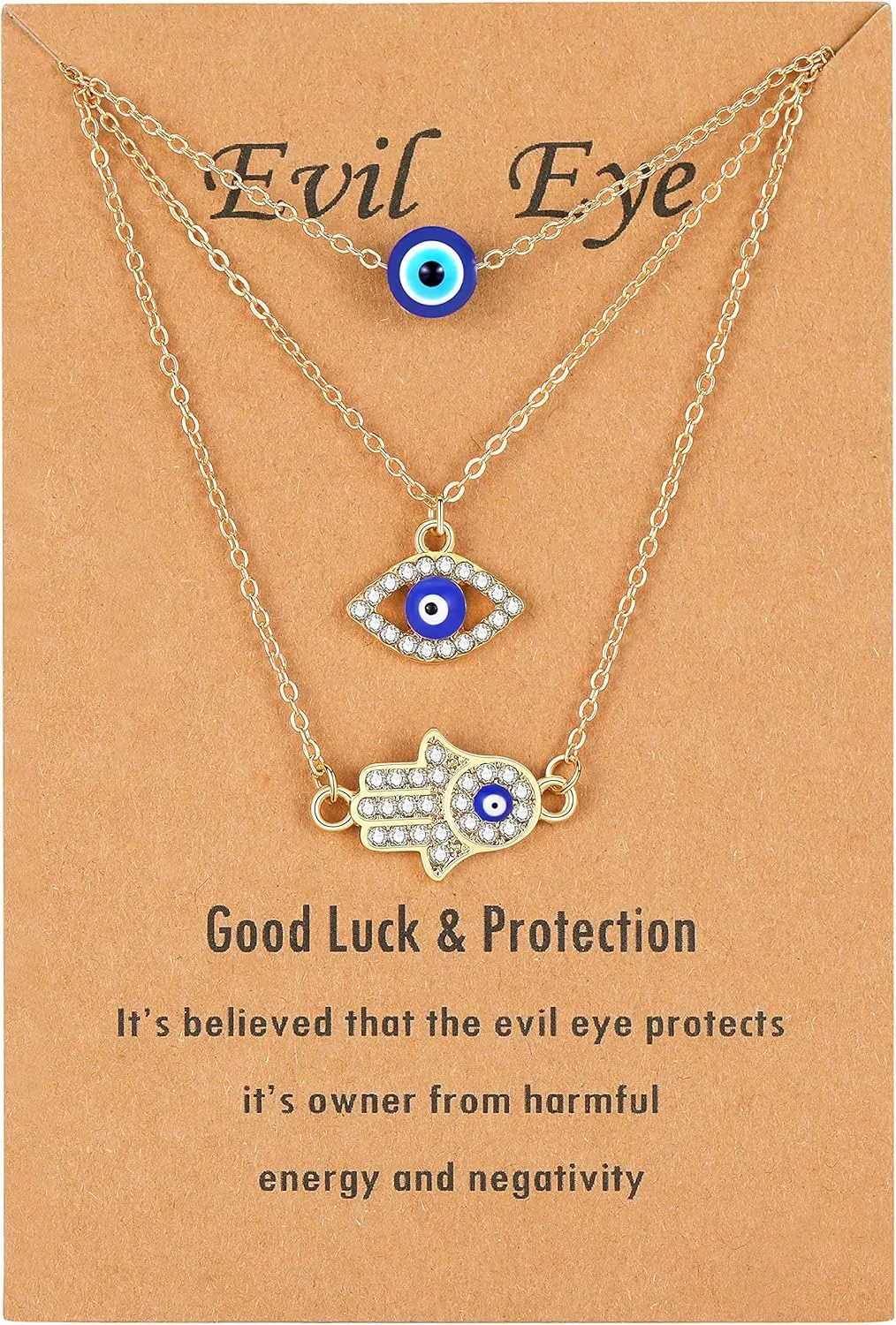 Baydurcan Dainty Evil Eye Necklace and Hamsa Necklace Turkish Blue Eye Hand Pendant Necklace 3pcs Lucky Protection Jewelry Gift for Women