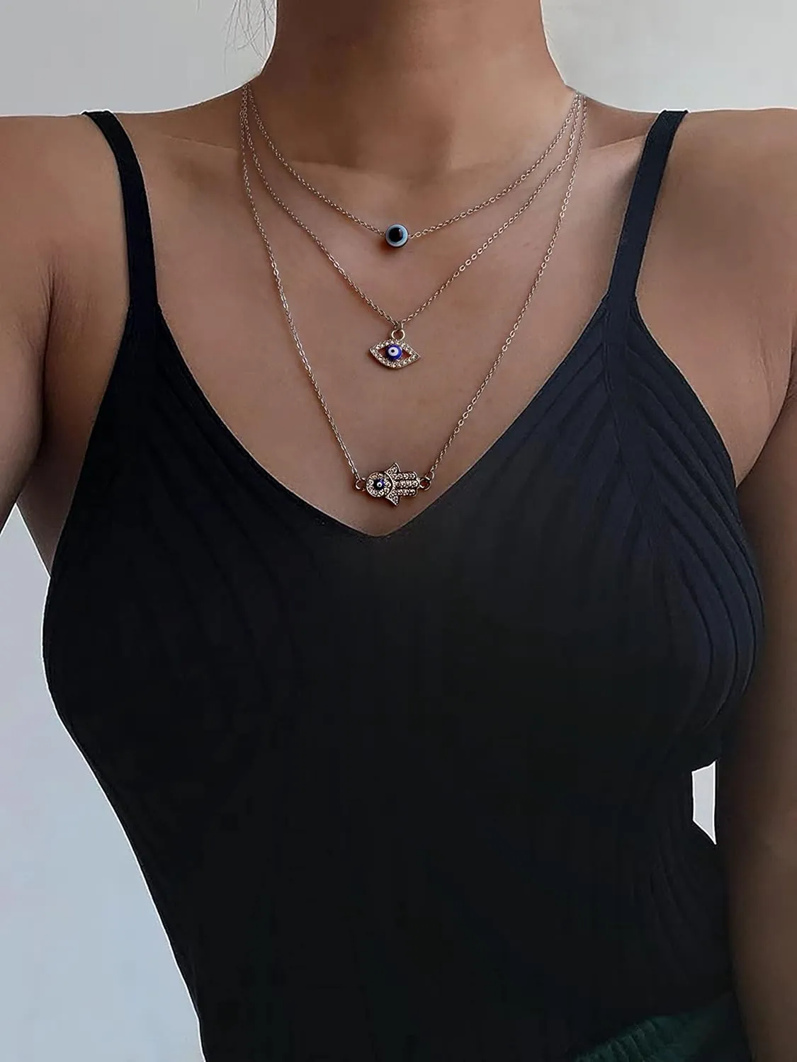 Baydurcan Dainty Evil Eye Necklace and Hamsa Necklace Turkish Blue Eye Hand Pendant Necklace 3pcs Lucky Protection Jewelry Gift for Women
