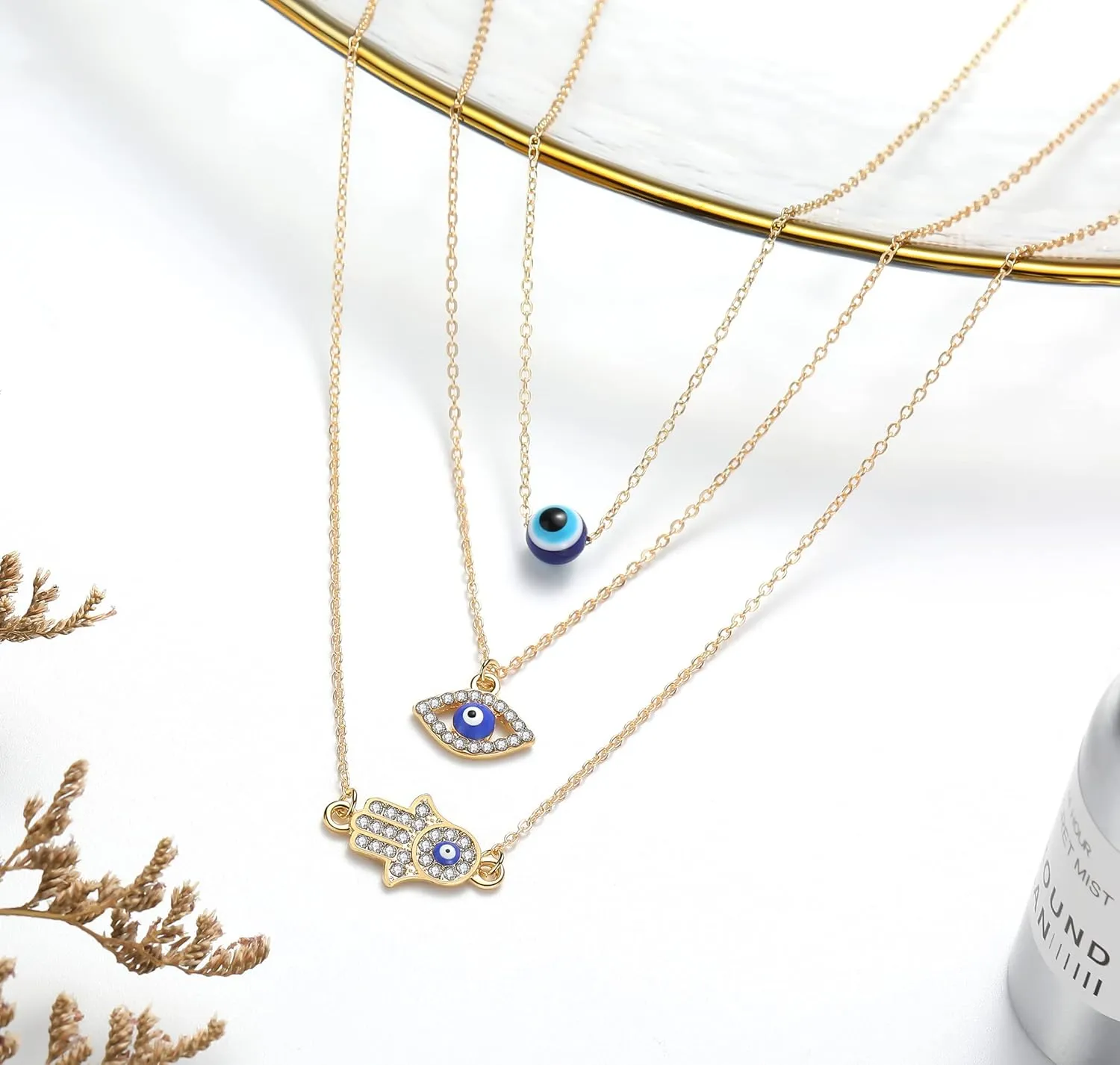 Baydurcan Dainty Evil Eye Necklace and Hamsa Necklace Turkish Blue Eye Hand Pendant Necklace 3pcs Lucky Protection Jewelry Gift for Women