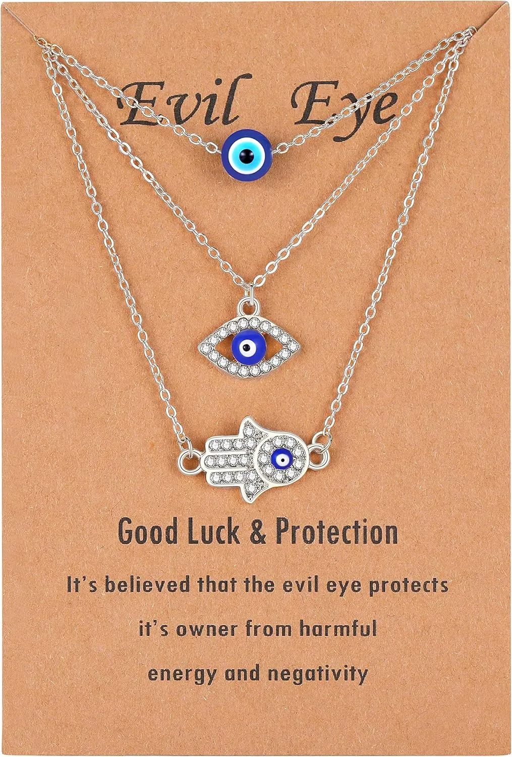 Baydurcan Dainty Evil Eye Necklace and Hamsa Necklace Turkish Blue Eye Hand Pendant Necklace 3pcs Lucky Protection Jewelry Gift for Women