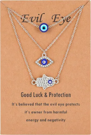 Baydurcan Dainty Evil Eye Necklace and Hamsa Necklace Turkish Blue Eye Hand Pendant Necklace 3pcs Lucky Protection Jewelry Gift for Women