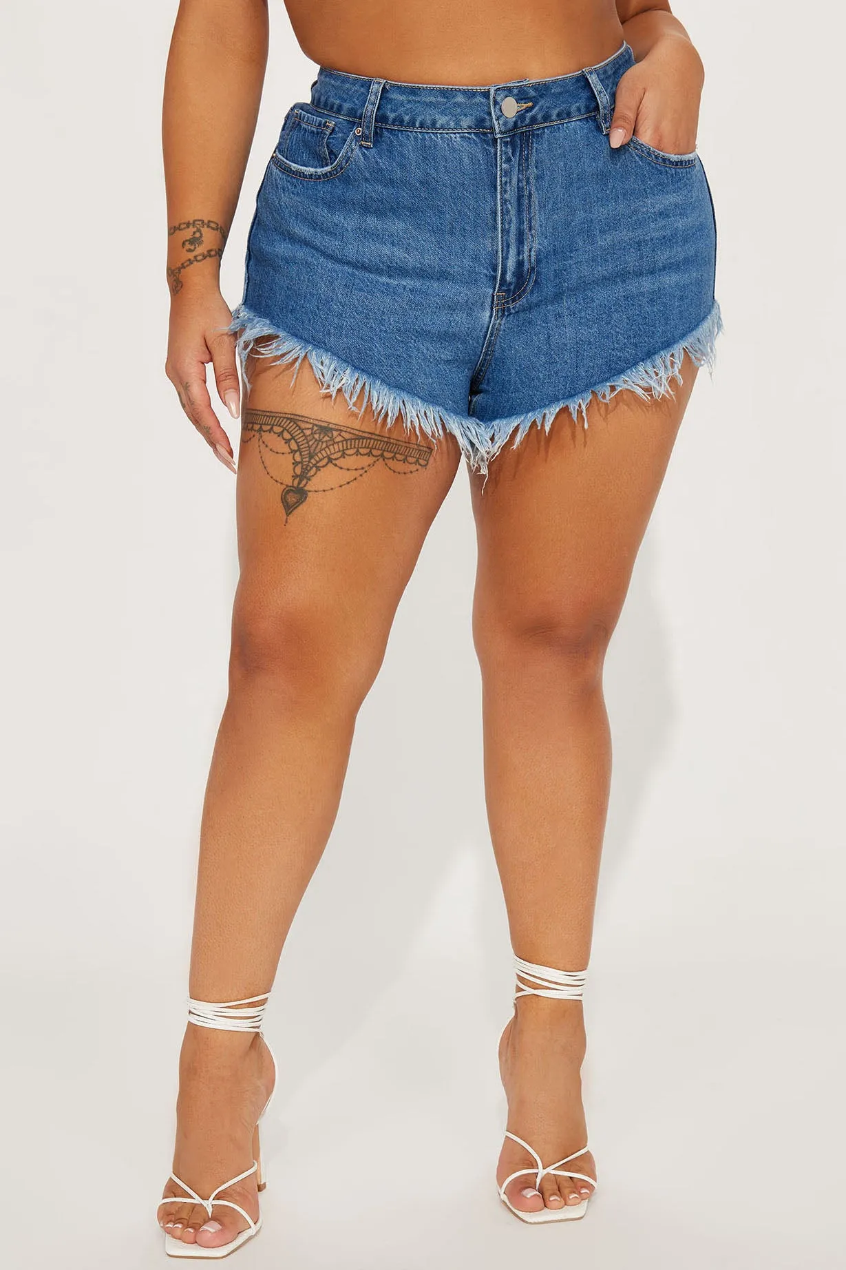 Beach Party Cheeky Cut Off Denim Shorts - Medium Wash