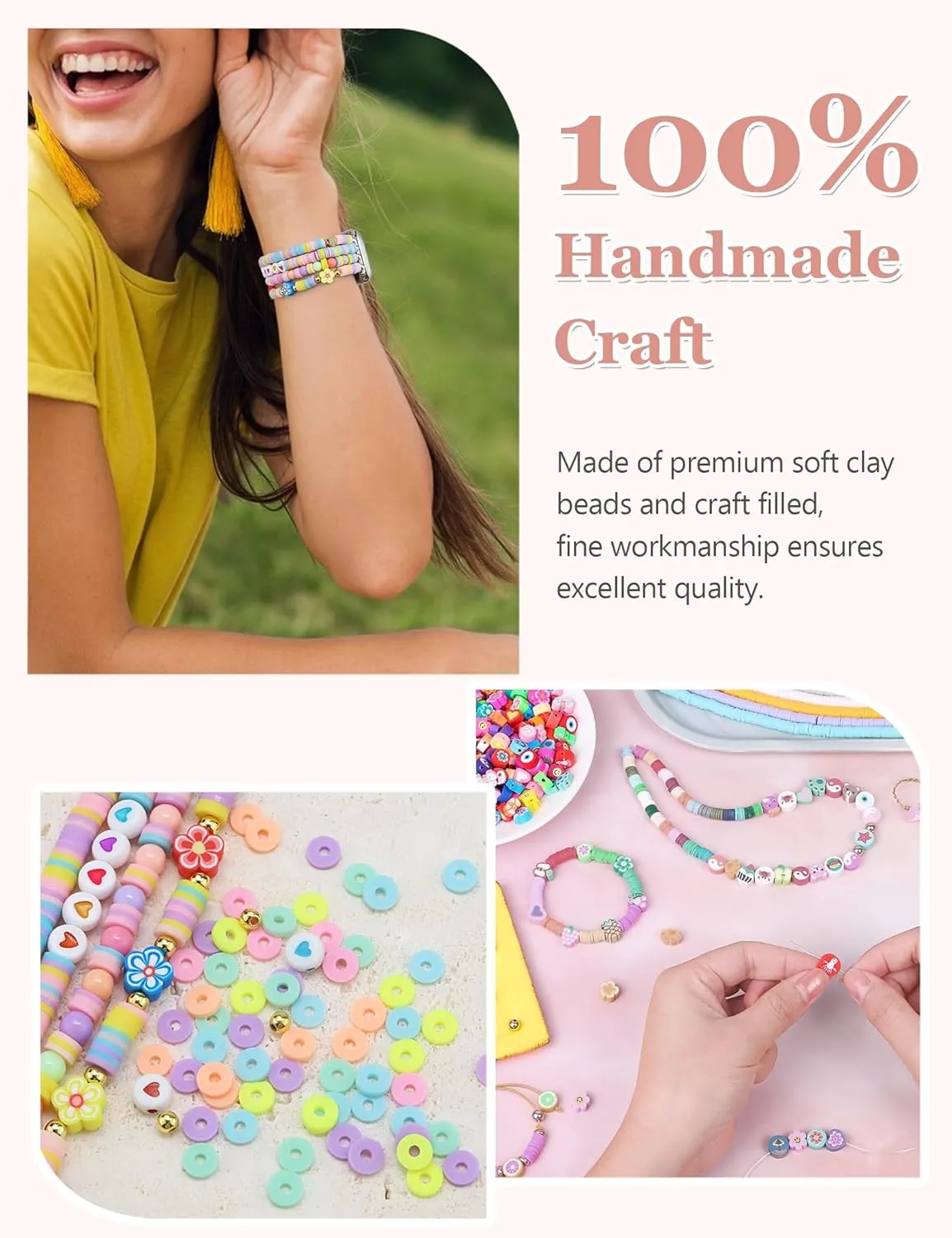 Beaded Bracelets Compatible with Apple Watch Band 42mm(S3/2/1) 44mm 45mm 46mm 49mm Women Cute Preppy Handmade Elastic Stretch Strap for iWatch Series 10/9/8/7/6/5/4/3/2/1/SE/Ultra (M)