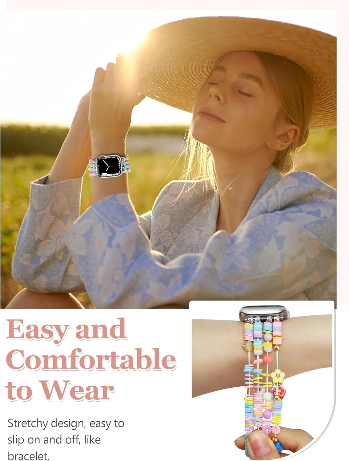 Beaded Bracelets Compatible with Apple Watch Band 42mm(S3/2/1) 44mm 45mm 46mm 49mm Women Cute Preppy Handmade Elastic Stretch Strap for iWatch Series 10/9/8/7/6/5/4/3/2/1/SE/Ultra (M)