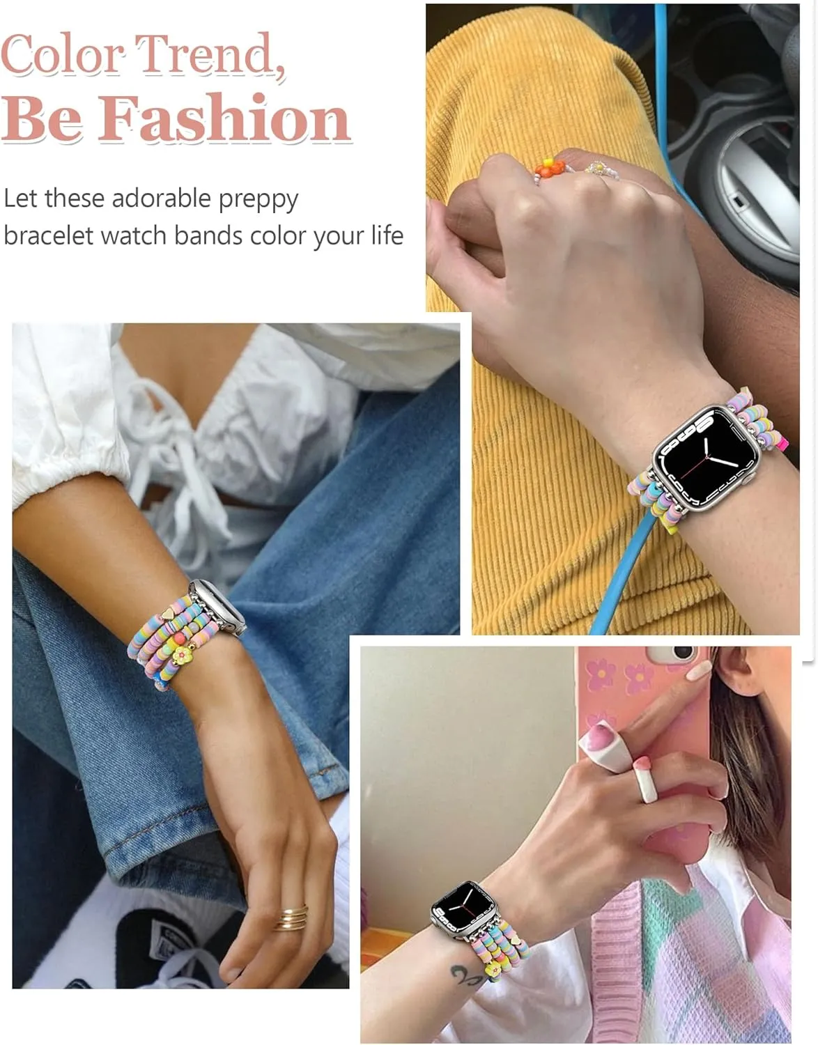 Beaded Bracelets Compatible with Apple Watch Band 42mm(S3/2/1) 44mm 45mm 46mm 49mm Women Cute Preppy Handmade Elastic Stretch Strap for iWatch Series 10/9/8/7/6/5/4/3/2/1/SE/Ultra (M)