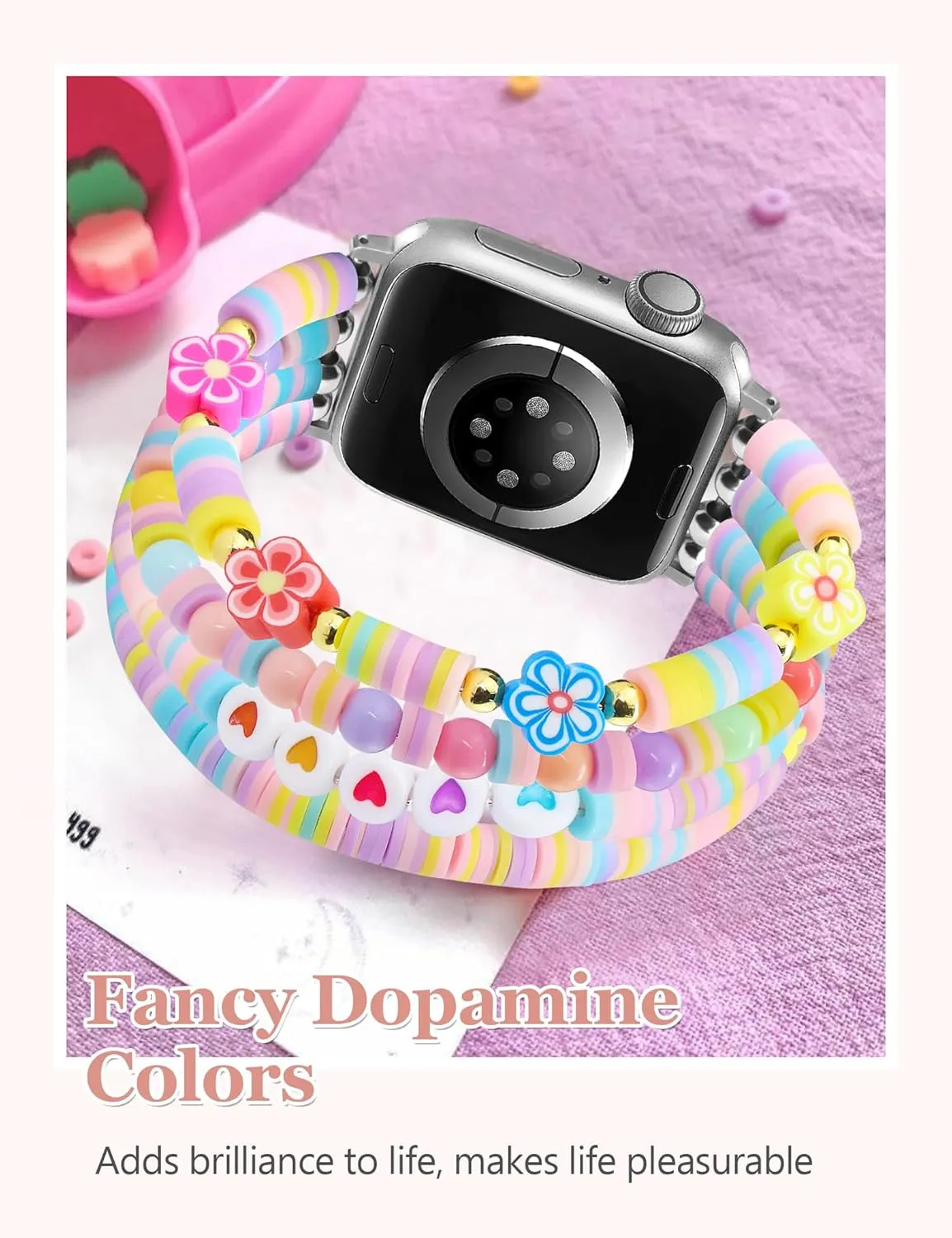 Beaded Bracelets Compatible with Apple Watch Band 42mm(S3/2/1) 44mm 45mm 46mm 49mm Women Cute Preppy Handmade Elastic Stretch Strap for iWatch Series 10/9/8/7/6/5/4/3/2/1/SE/Ultra (M)