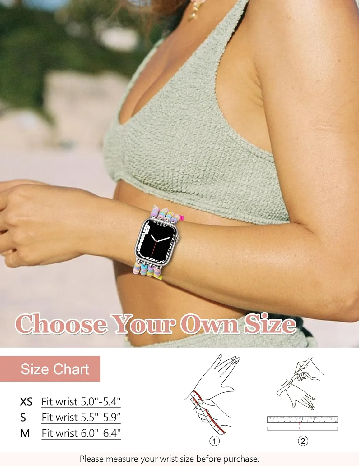Beaded Bracelets Compatible with Apple Watch Band 42mm(S3/2/1) 44mm 45mm 46mm 49mm Women Cute Preppy Handmade Elastic Stretch Strap for iWatch Series 10/9/8/7/6/5/4/3/2/1/SE/Ultra (M)