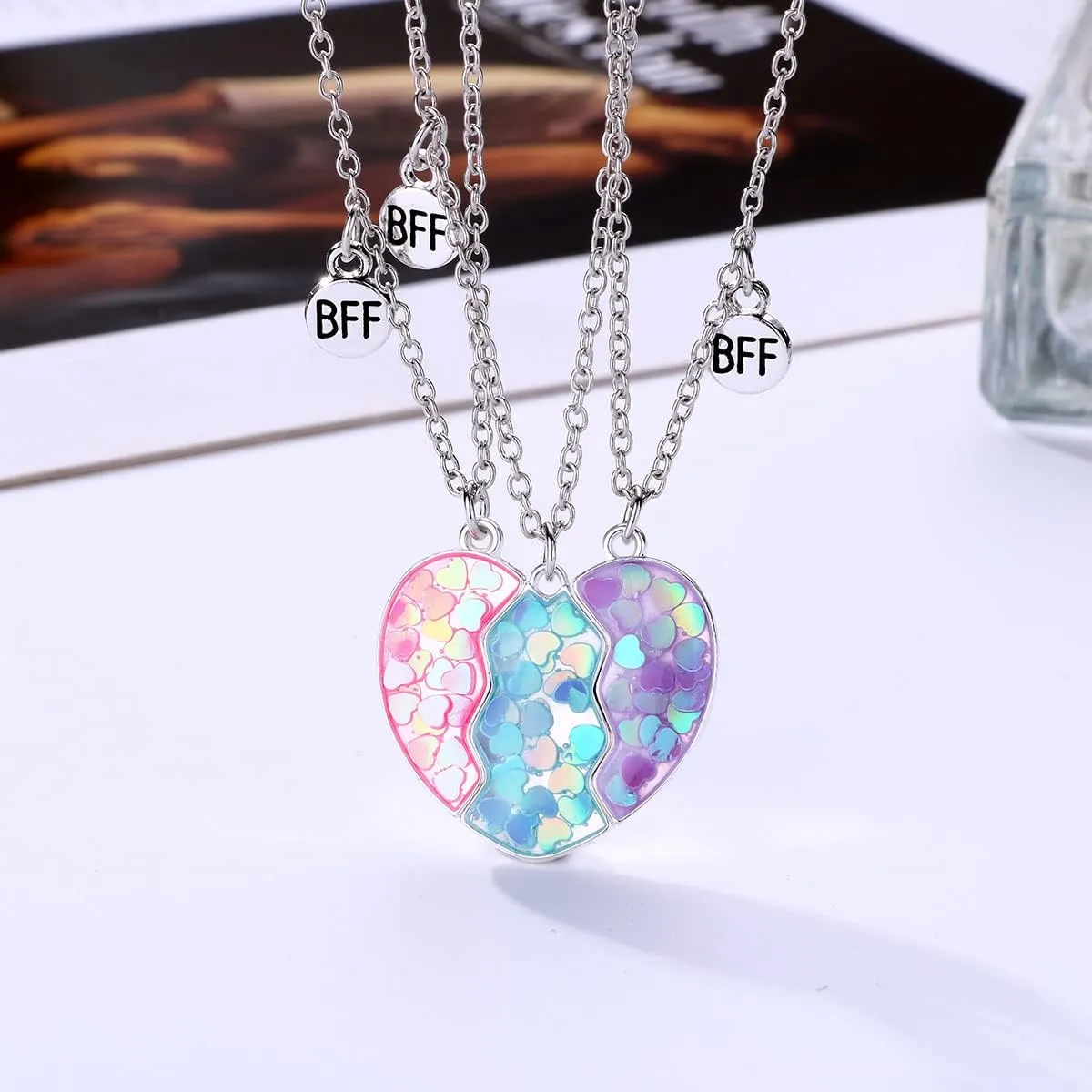 Best Friend Necklace Friendship Necklace Magnetic Matching Heart BFF Necklace for 3 Girls Friendship Gifts