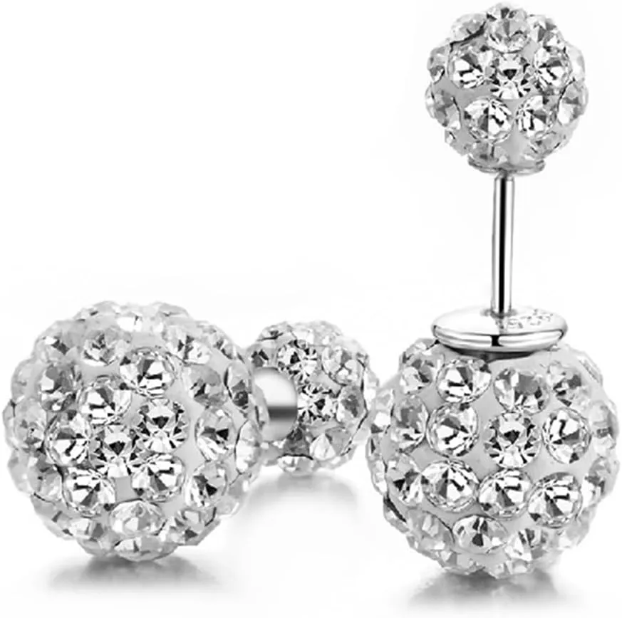 BG&WLing Front Back Earrings Crystal Ball Earring Studs Sparkly Double Ball Sterling Silver Post Stud Earrings Hypoallergenic Dainty Jewelry for Women