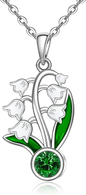 Birth Flower Necklace May Birthstone Lily Of The Valley Necklace for Women Sterling Silver Birthflower Pendant Jewelry Charm Mothers Day Christmas Birthday Gifts