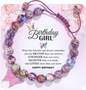 Birthday Bracelet for 6-18 Years Old, Purple Natural Stone Butterfly Charm Bracelet, Gift for Daughter Granddaughter Niece Niece Teenage Girl Holiday Bracelet Gift