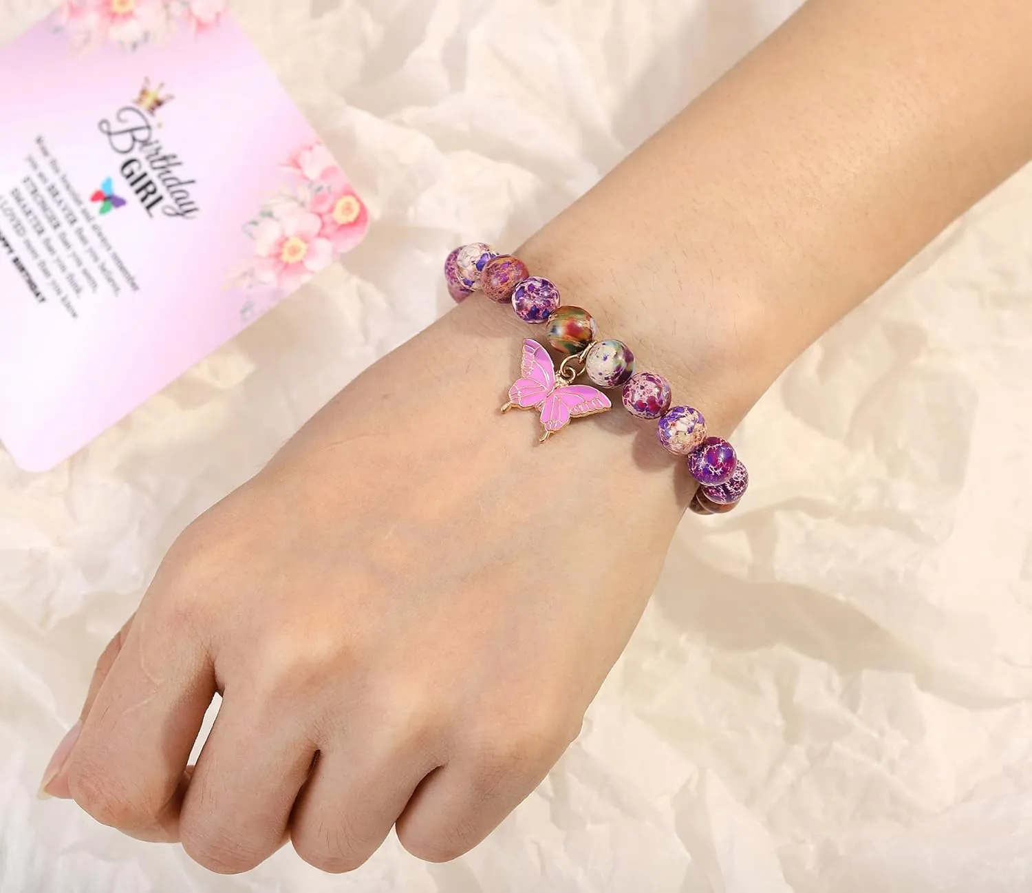 Birthday Bracelet for 6-18 Years Old, Purple Natural Stone Butterfly Charm Bracelet, Gift for Daughter Granddaughter Niece Niece Teenage Girl Holiday Bracelet Gift