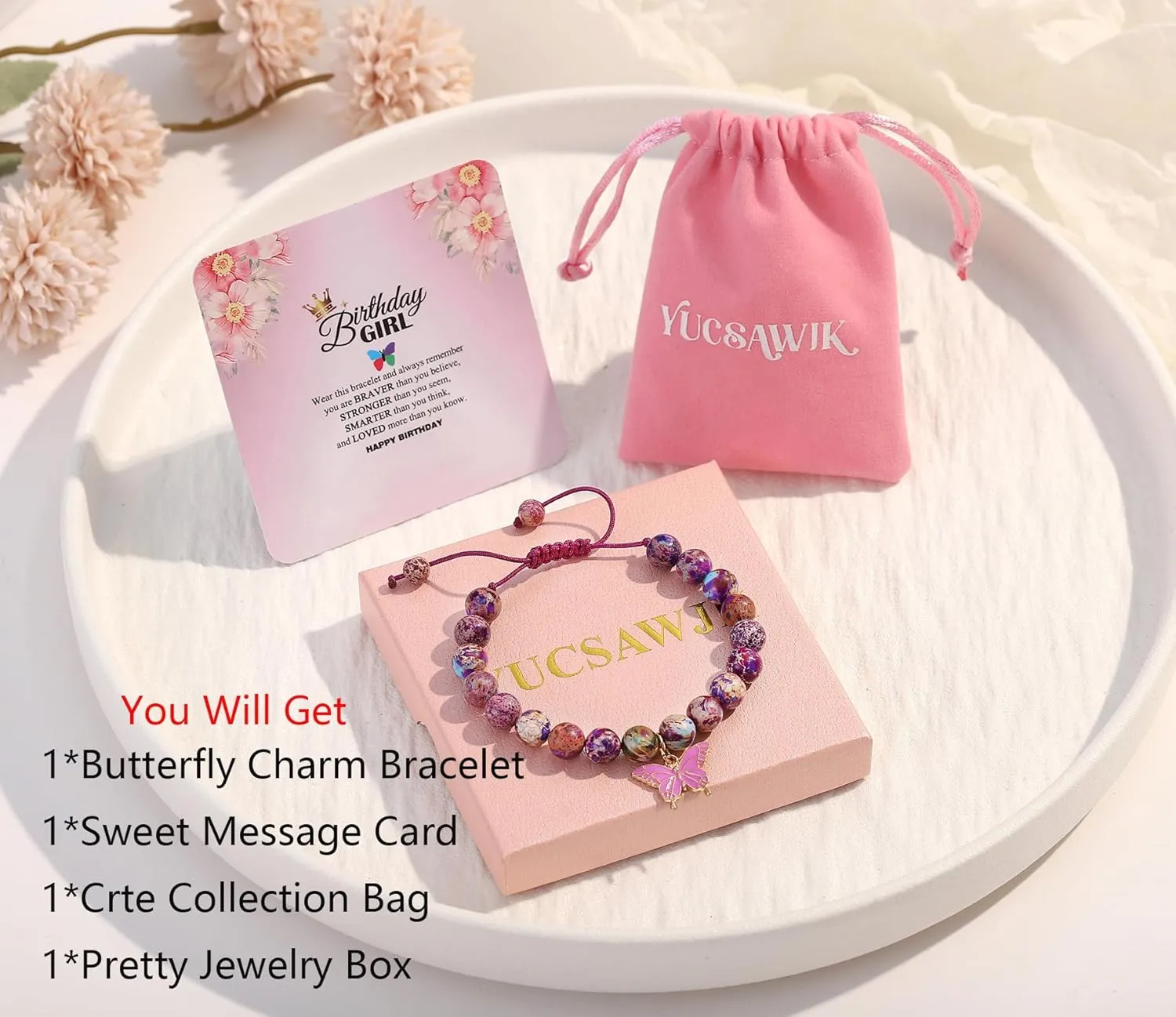 Birthday Bracelet for 6-18 Years Old, Purple Natural Stone Butterfly Charm Bracelet, Gift for Daughter Granddaughter Niece Niece Teenage Girl Holiday Bracelet Gift