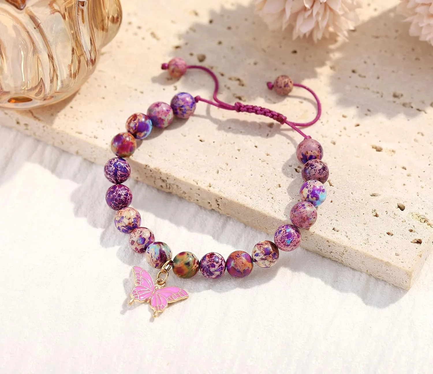Birthday Bracelet for 6-18 Years Old, Purple Natural Stone Butterfly Charm Bracelet, Gift for Daughter Granddaughter Niece Niece Teenage Girl Holiday Bracelet Gift