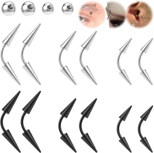BodyAce 16G Spike Eyebrow Piercing Jewelry, Curved Barbell Eyebrow Tragus Lip Rings with Balls, Black Spike Earrings Rook Nose Bridge Ring for Women Men