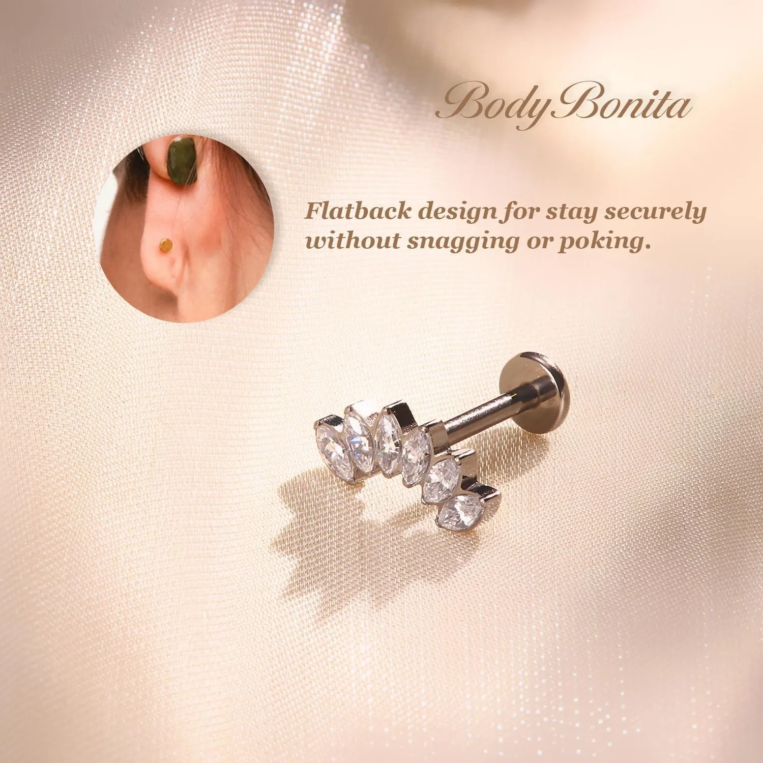 BodyBonita G23 Titanium Flat Back Stud Earrings Piercings - Hypoallergenic 16G Tragus Piercing Jewelry Helix Medusa Monroe Labret Lip Conch Earring 8mm