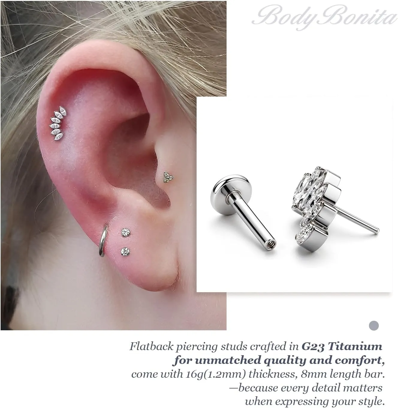 BodyBonita G23 Titanium Flat Back Stud Earrings Piercings - Hypoallergenic 16G Tragus Piercing Jewelry Helix Medusa Monroe Labret Lip Conch Earring 8mm