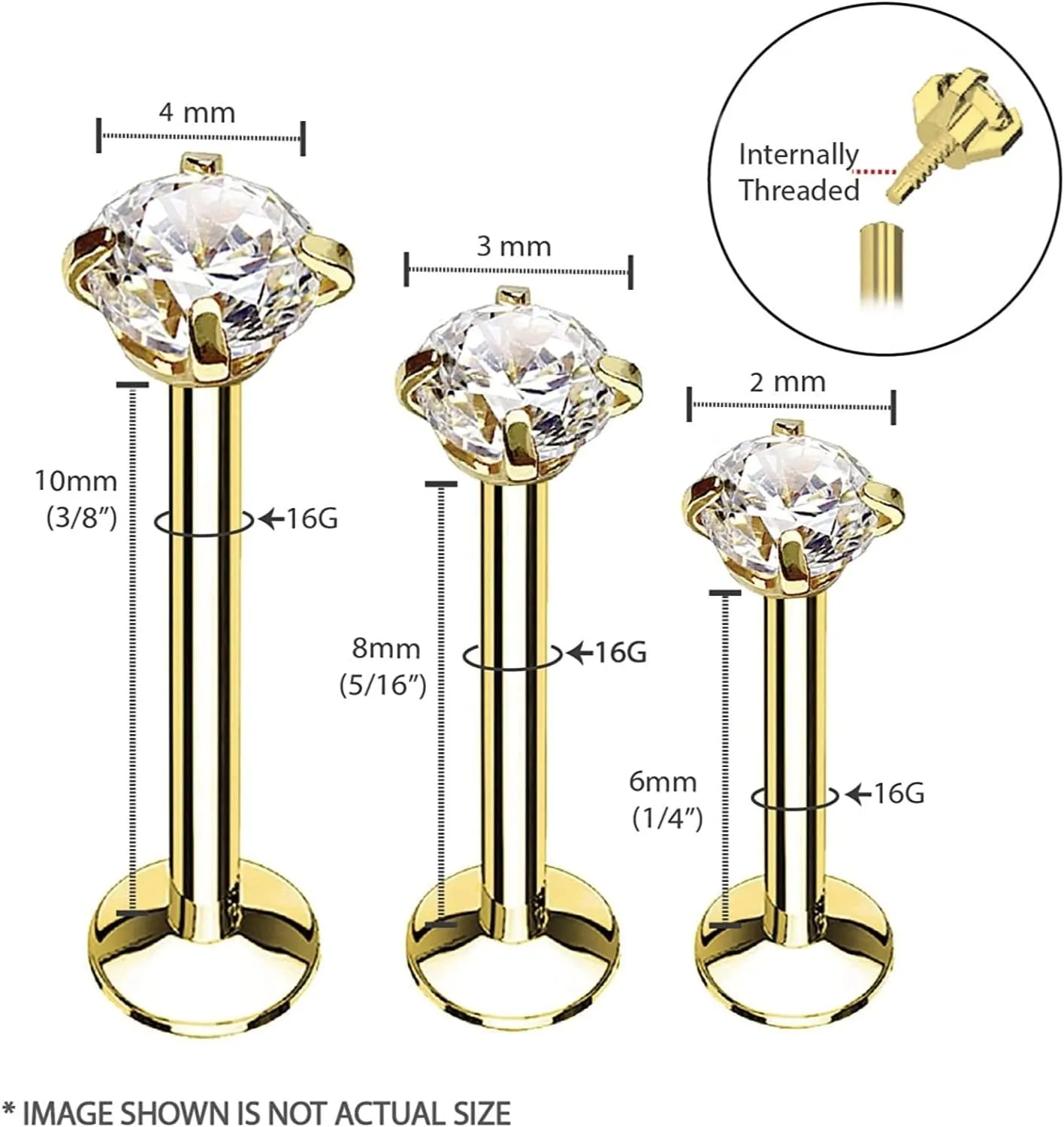 BodyJ4You 3PC Labret Tragus Cartilage 16G Studs, Internally Threaded Surgical Steel, Helix Lip Monroe Medusa Conch, Versatile Piercing Jewelry