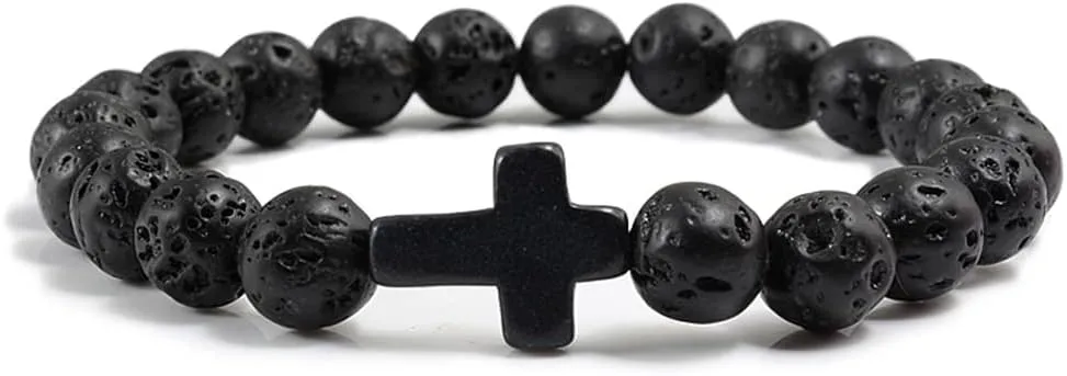 Bohemia Men Women Bracelets Volcanic Stone Black Lava Turquoises Prayer Cross Beaded Bracelet Jewelry 8MM pulsera hombre