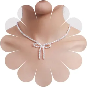 Boho Bow Pearl Choker Necklace White Pearl Necklace Chain Pearl Bow Pendant Necklace Bow Tie Necklace Pearl Bead Collar Necklace Hollow Bowknot Necklace Jewelry for Women