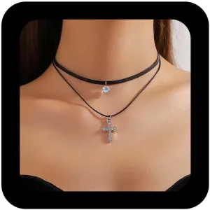 Boho Layered cross Choker Necklace Black Leather Collar Necklace religious cross Necklace Crystal Dangle Necklace Adjustable Leather Cord Necklace Jewelry for Women