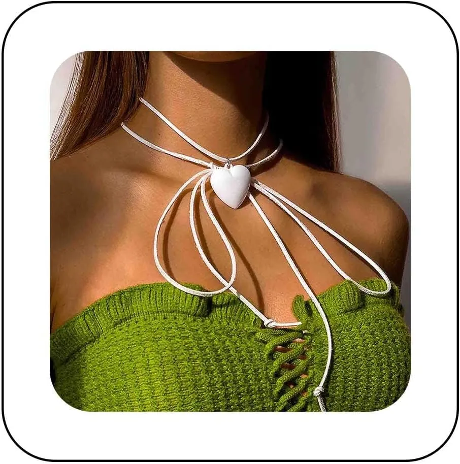 Boho Layered Heart Choker Necklace Acrylic Heart Necklace White Velvet Collar Necklace Long Suede Tie Necklace Heart Velvet Necklace Jewelry for Women