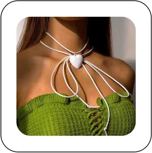 Boho Layered Heart Choker Necklace Acrylic Heart Necklace White Velvet Collar Necklace Long Suede Tie Necklace Heart Velvet Necklace Jewelry for Women