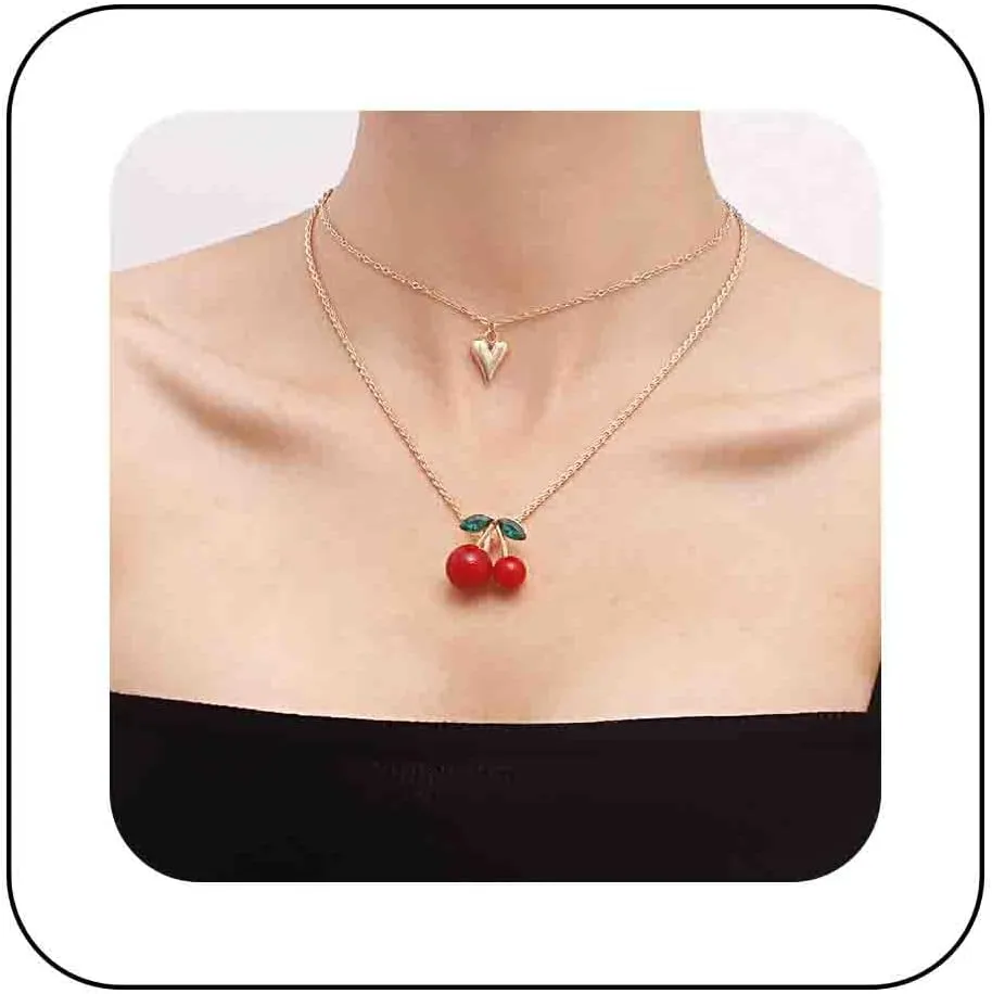 Boho Layered Heart Choker Necklace Red Cherry Pendant Necklace Crystal Cherry Chain Necklace Tiny Puffy Heart Necklace Sweet Cherry Necklace Cute Fruit Necklace Jewelry for Women