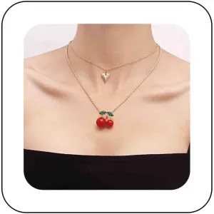 Boho Layered Heart Choker Necklace Red Cherry Pendant Necklace Crystal Cherry Chain Necklace Tiny Puffy Heart Necklace Sweet Cherry Necklace Cute Fruit Necklace Jewelry for Women