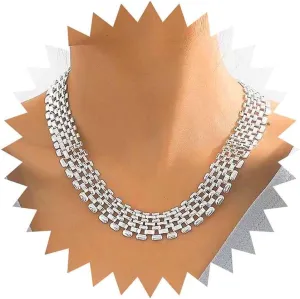 Boho Linked Wide Choker Necklace Silver Mesh Chain Necklace Wide Mesh Chain Necklace Wide Collar Necklace Tone Wide Statement Necklace Chunky Hollow Out Chain Necklace Jewelry for Women