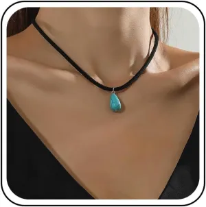 Boho teardrop Turquoise Choker Necklace Black Velvet Collar Necklace turquoise waterdrop necklace Ethnic Turquoise Necklace Turquoise Velvet Necklace Gold Turquoise Chain Necklace Jewelry