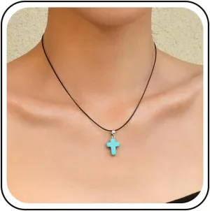 Boho Turquoise Cross Pendent Necklace Black Leather Choker Necklace Turquoise Cross Necklace Cross Leather Necklace Adjustable Leather Cord Necklace Jewelry for Women