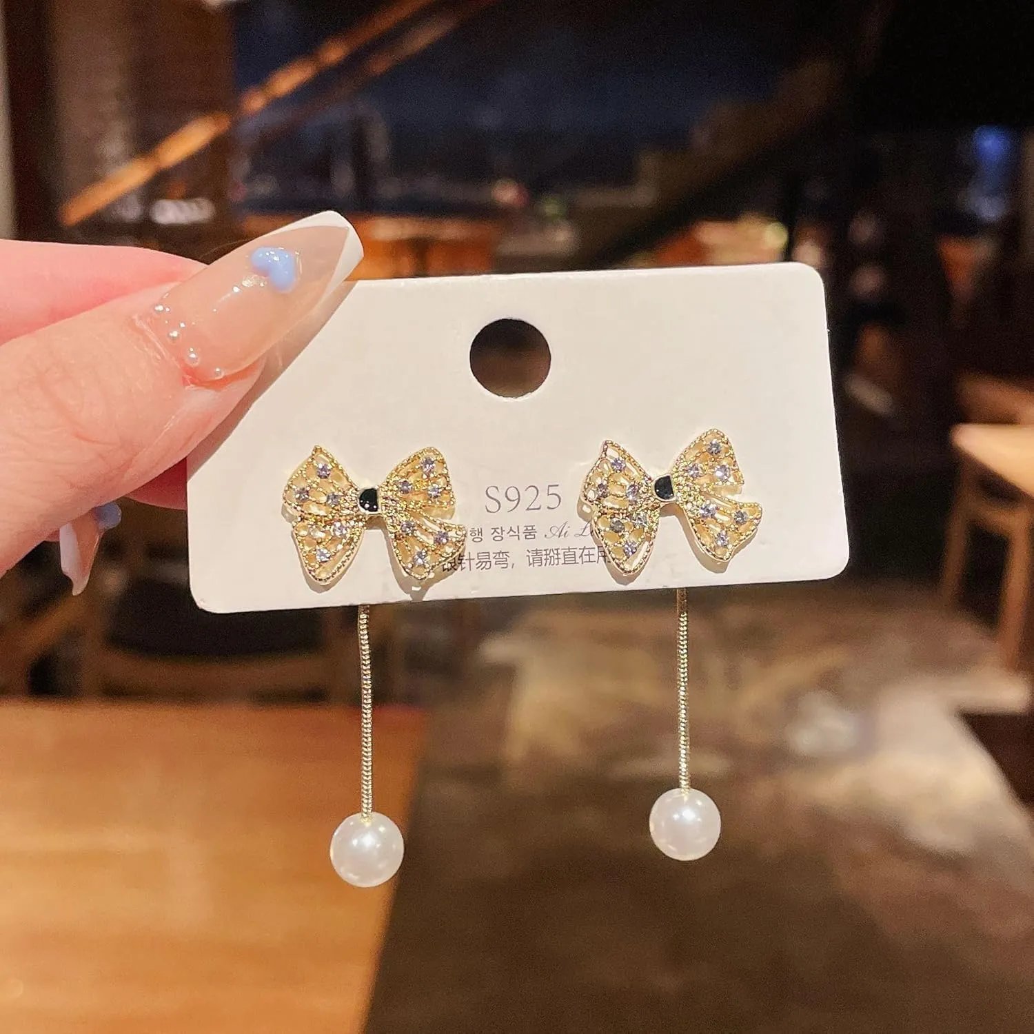 Bow Pearl Earrings for Women Crystal Bow Earrings 14K Gold Bowknot Dangle Drop Earring Dainty Statement Pearl Earring Jewelry Gifts
