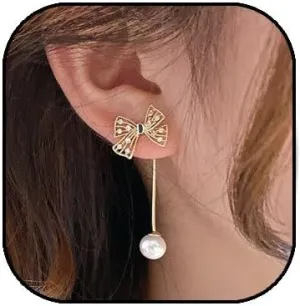 Bow Pearl Earrings for Women Crystal Bow Earrings 14K Gold Bowknot Dangle Drop Earring Dainty Statement Pearl Earring Jewelry Gifts