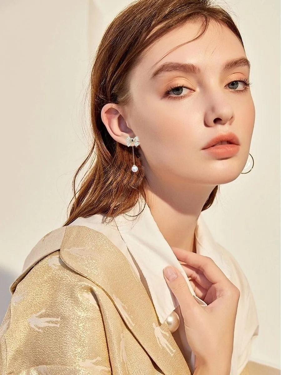 Bow Pearl Earrings for Women Crystal Bow Earrings 14K Gold Bowknot Dangle Drop Earring Dainty Statement Pearl Earring Jewelry Gifts