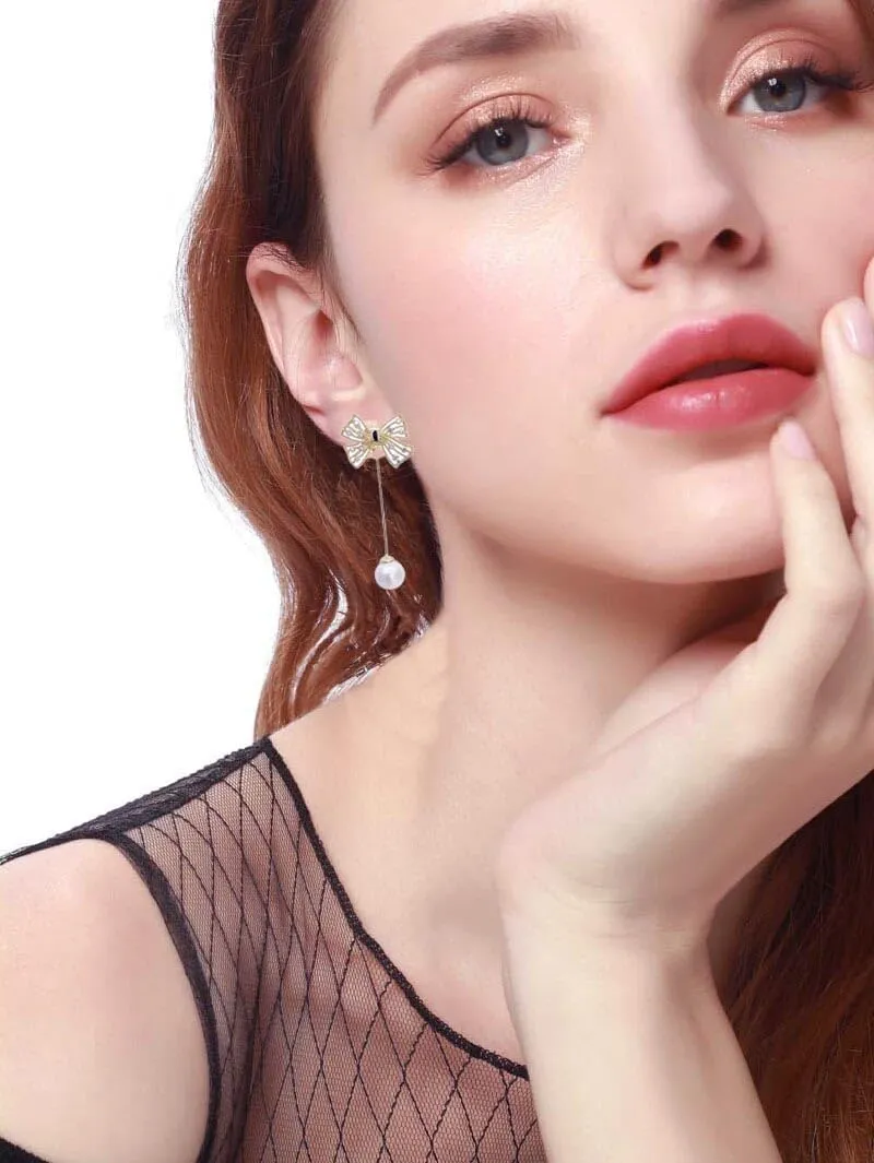 Bow Pearl Earrings for Women Crystal Bow Earrings 14K Gold Bowknot Dangle Drop Earring Dainty Statement Pearl Earring Jewelry Gifts
