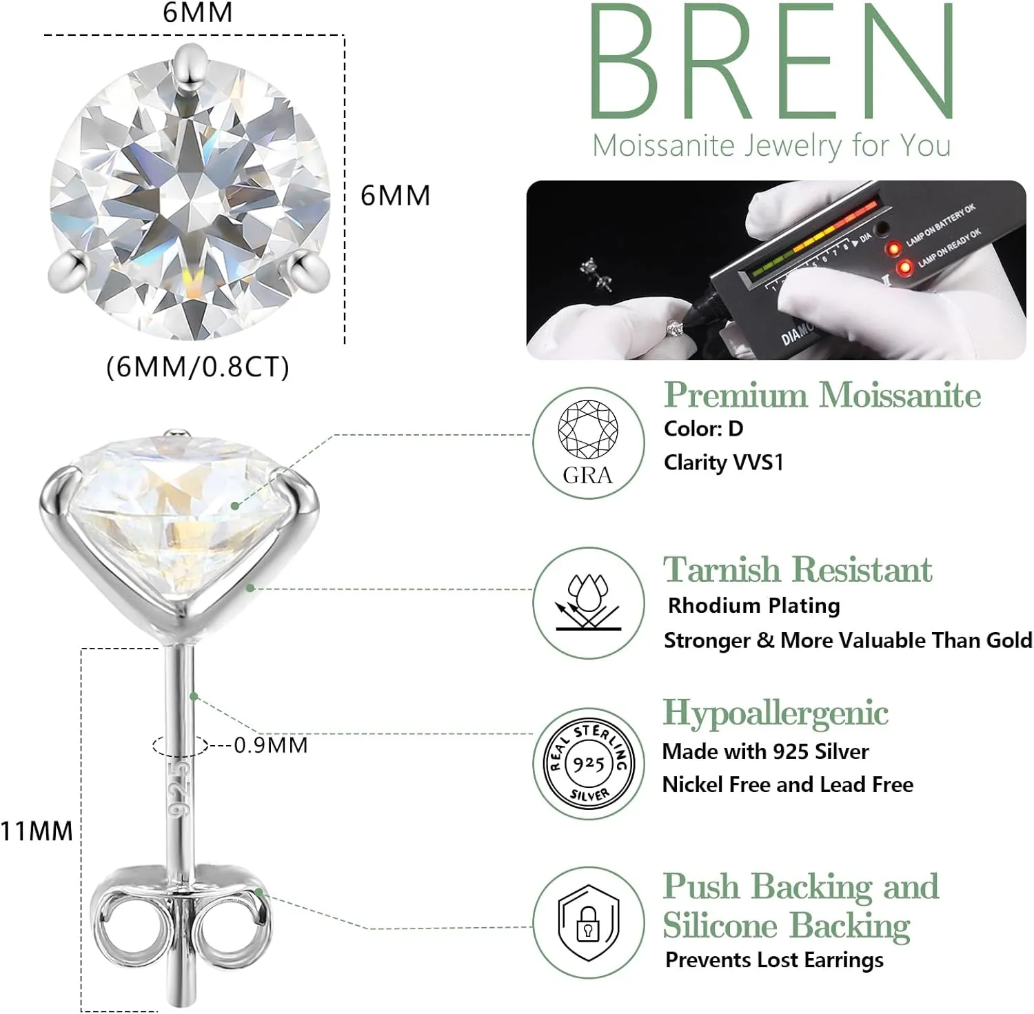 BREN Moissanite Earrings for Women and Men - 925 Sterling Silver Hypoallergenic Imitation Diamond Stud Earrings