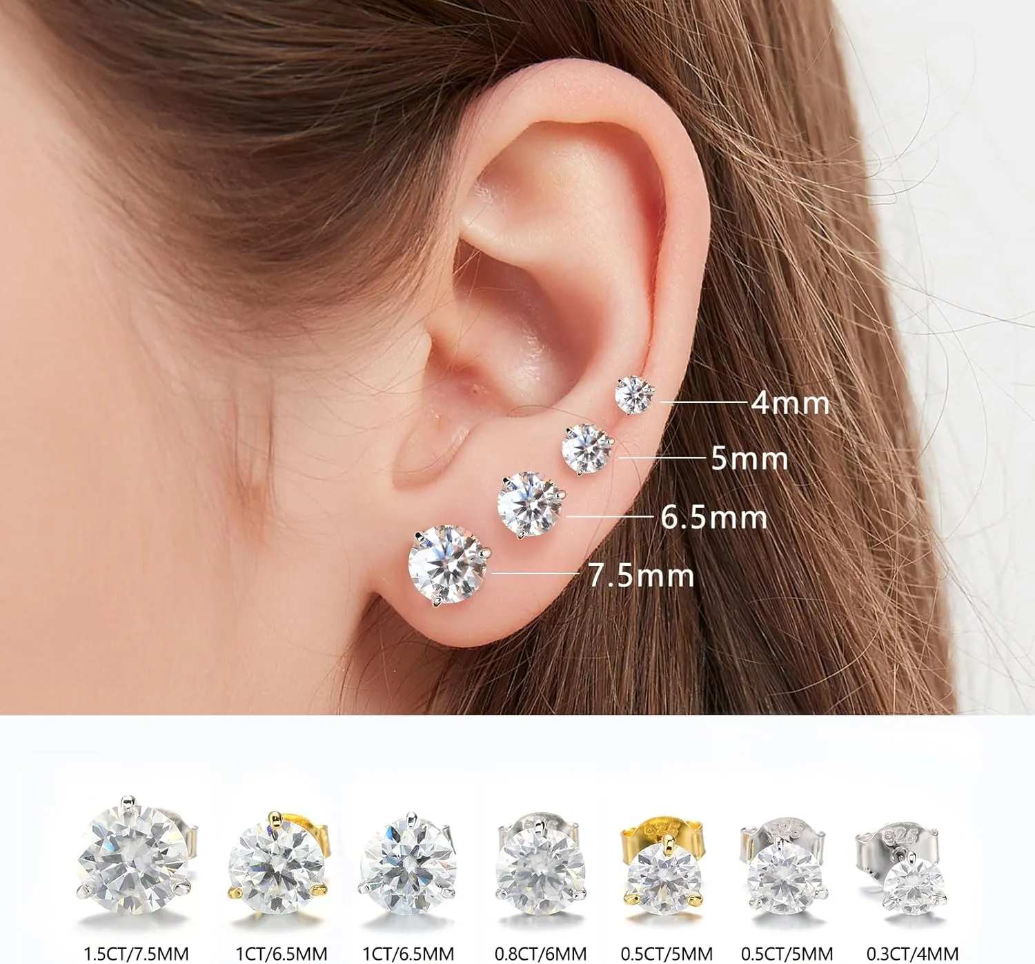 BREN Moissanite Earrings for Women and Men - 925 Sterling Silver Hypoallergenic Imitation Diamond Stud Earrings