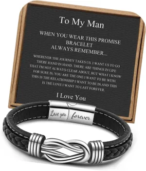      Brown Braided Leather Stainless Steel Infinity Bracelets Lettering Love You Forever Gifts for Son Grandson Husband Boyfriend Brother Always Linked Together