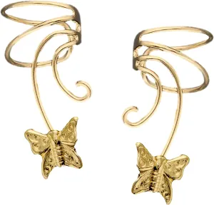 Butterfly Short Wave Ear Cuff Pair NON-Pierced Wrap on Earring Gold on Silver