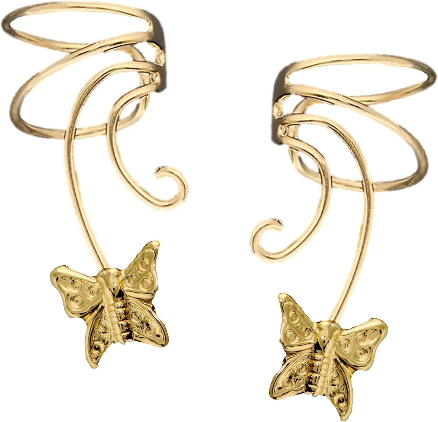 Butterfly Short Wave Ear Cuff Pair NON-Pierced Wrap on Earring Gold on Silver