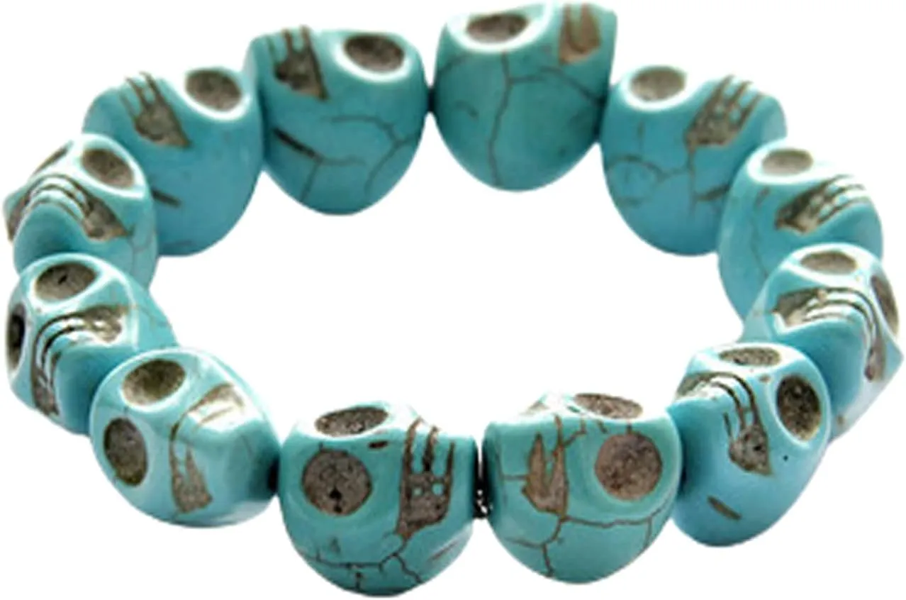 Caiyao Retro Punk Skull Bead Skeleton Elastic Bracelets Handmade Colorful Synthetic Turquoise Skeleton Tibetan Prayer Bead Mala Strand Bracelet for Men Women Hip Hop Halloween Jewelry-B blue