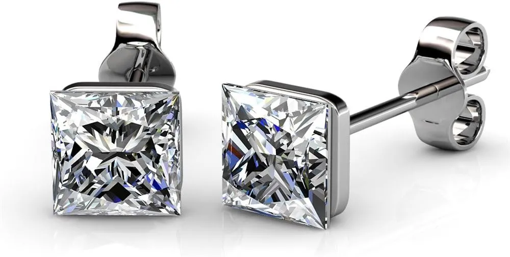 Cate & Chloe Brooke 18k White Gold Plated Stud Earrings, Women's Stud Earring Set with Princess Cut Solitaire Crystals
