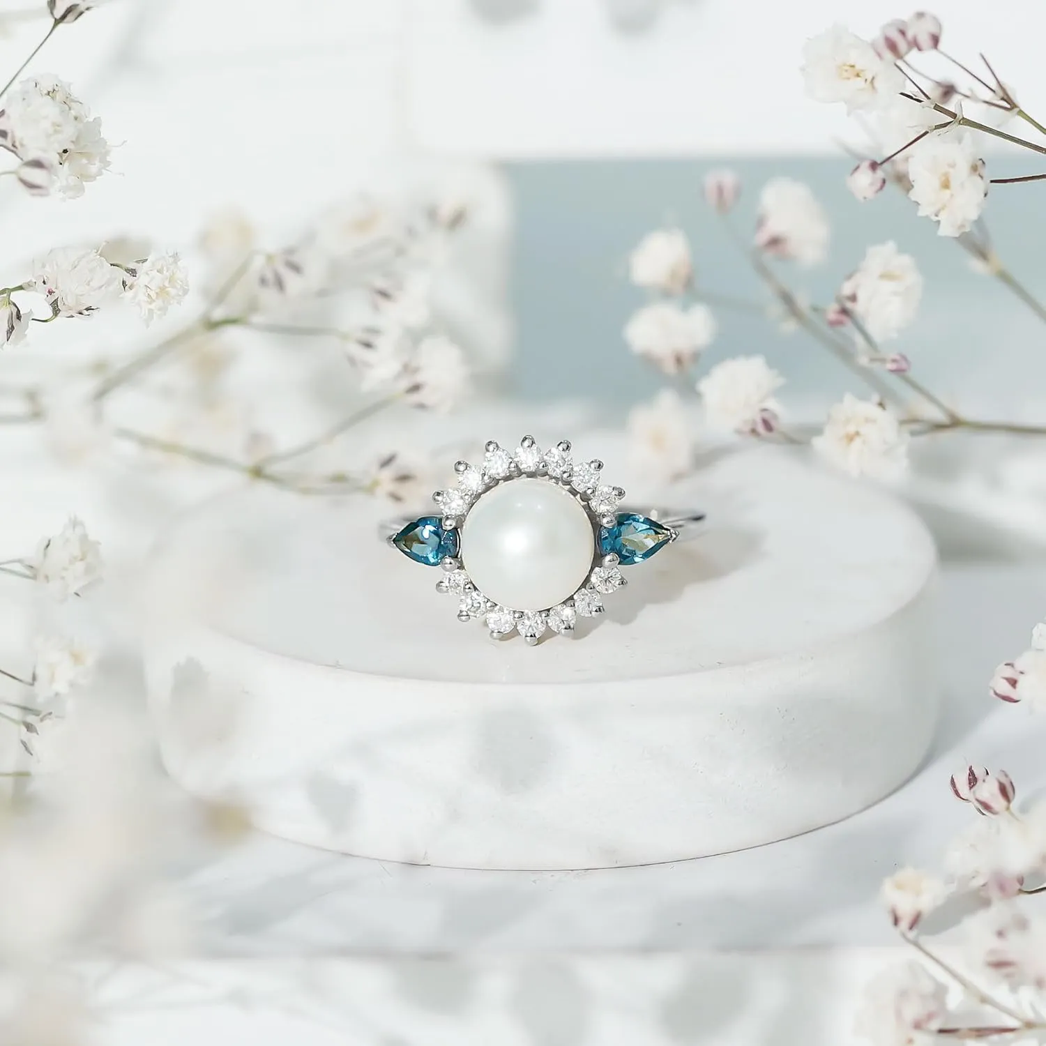 Certified Pearl Moissanite Halo Engagement Ring, AAA Quality, Real 8 mm Pearl Vintage Style Ring with London Blue Topaz