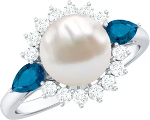Certified Pearl Moissanite Halo Engagement Ring, AAA Quality, Real 8 mm Pearl Vintage Style Ring with London Blue Topaz