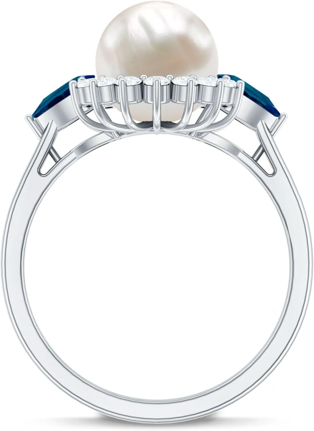 Certified Pearl Moissanite Halo Engagement Ring, AAA Quality, Real 8 mm Pearl Vintage Style Ring with London Blue Topaz