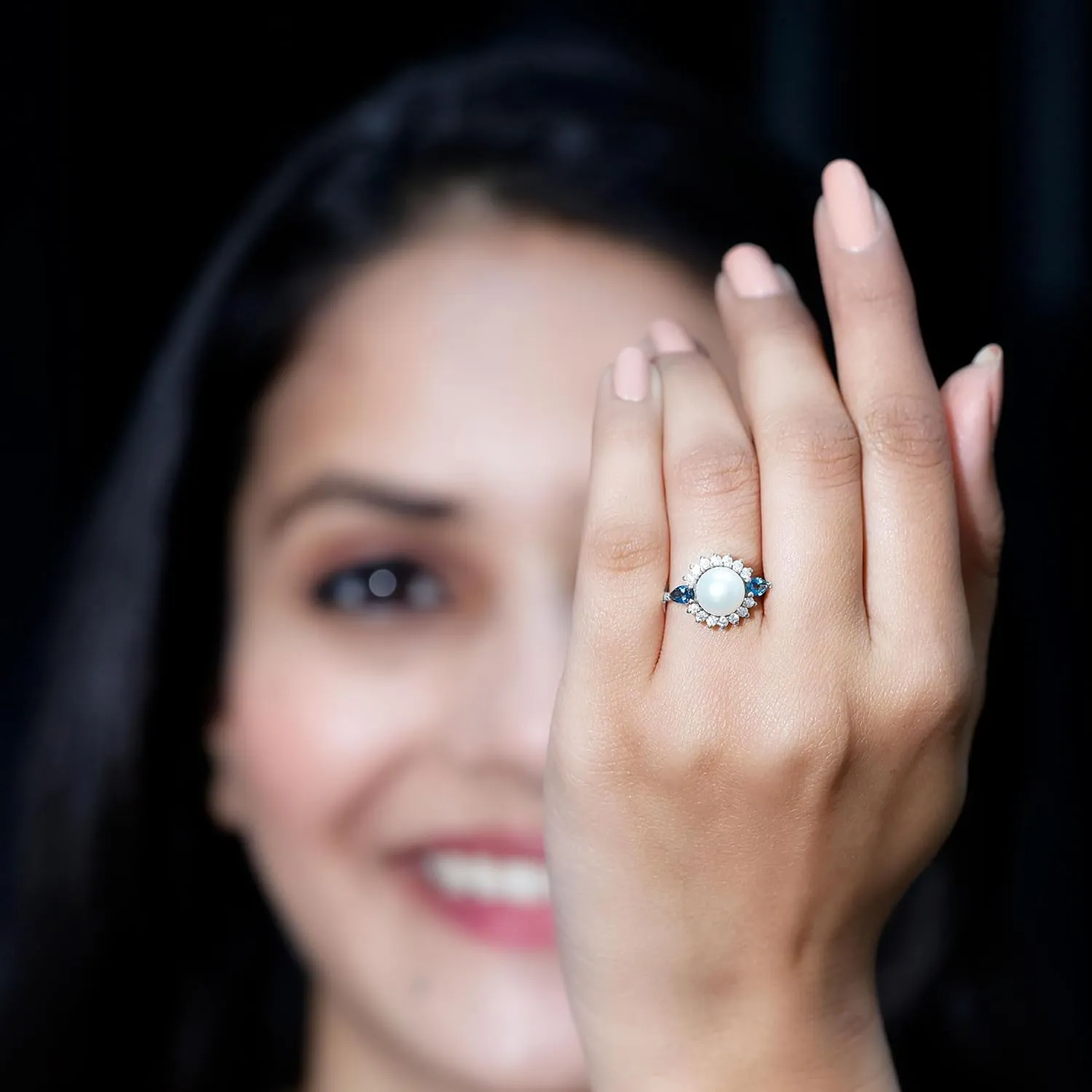 Certified Pearl Moissanite Halo Engagement Ring, AAA Quality, Real 8 mm Pearl Vintage Style Ring with London Blue Topaz