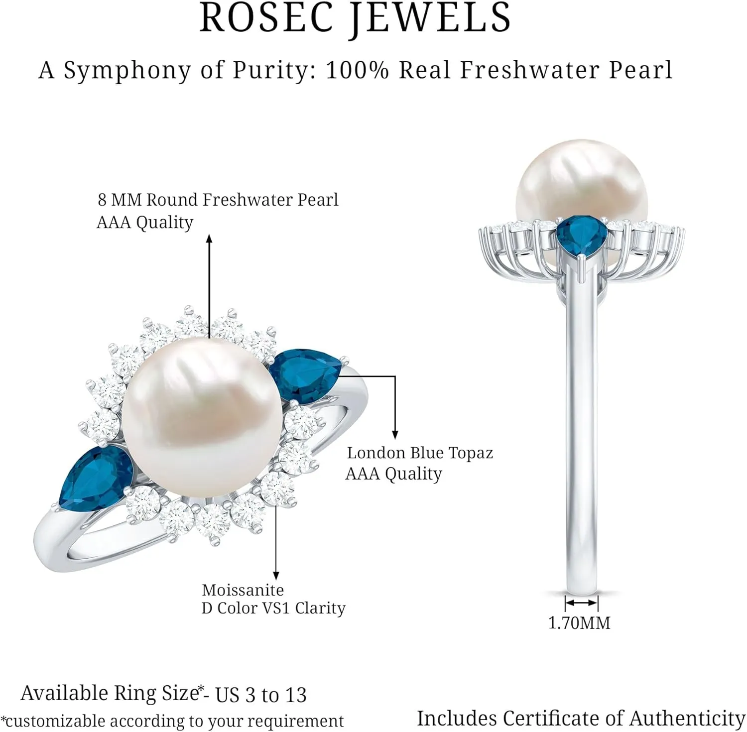 Certified Pearl Moissanite Halo Engagement Ring, AAA Quality, Real 8 mm Pearl Vintage Style Ring with London Blue Topaz